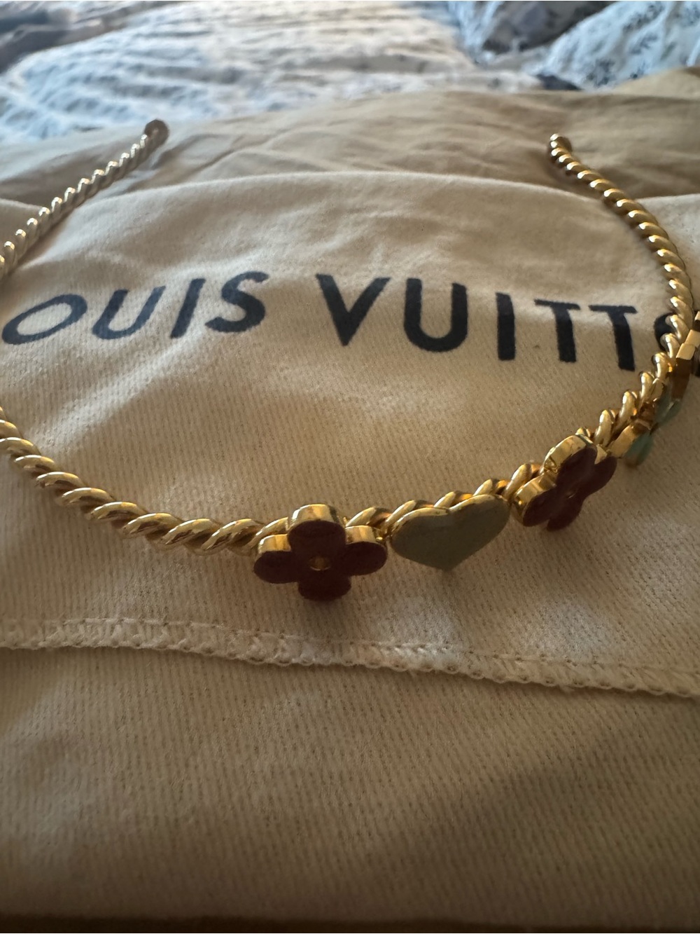 Louis Vuitton Gold-Tone Headband with Red Flower and Mint Heart Charms